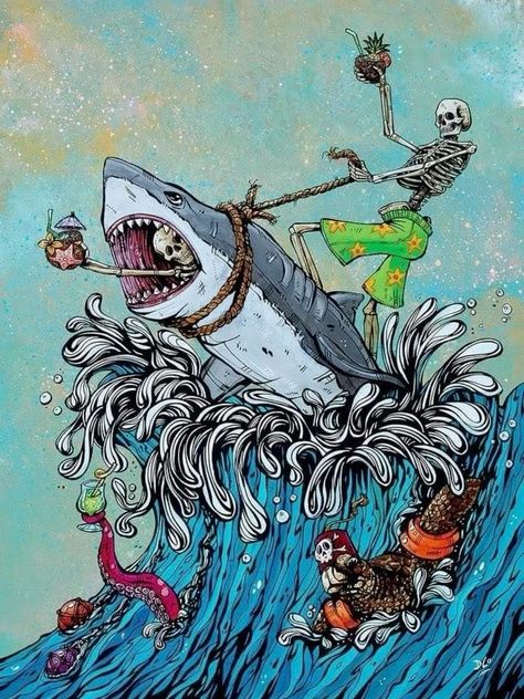 David Lozeau Art, David Lozeau, Shark Art, Skeleton Art, Wave Painting, Great White, Surf Art, Trippy Art, Skull Art