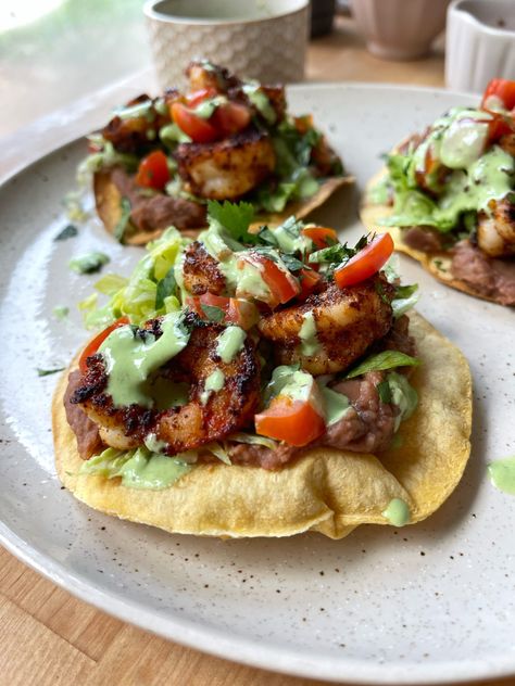 Chipotle Shrimp Tostadas - onebalancedlife.com Shrimp Tostadas, Creamy Cilantro Dressing, Chipotle Shrimp, Air Fryer Recipes Appetizers, Tostada Recipes, Easy Weeknight Dinner, Whole 30 Recipes, Tostadas, Weeknight Dinner