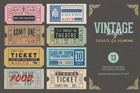 Vintage Tickets & Coupons Bundle by MyCreativeLand on Creative Market Vintage Coupon Design, Retro Banner Design, Vintage Tickets, Retro Banner, Banner Frame, Voucher Design, Movie Ticket, Vintage Ticket, Vintage Text