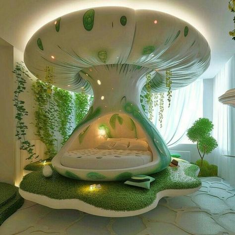 Mushroom Beds, Mushroom Bed, Mushroom Bedroom, Giant Mushroom, Unique Interiors, Chevy Traverse, Dream Bedroom Inspiration, Bedding Inspiration, Dreamy Artwork