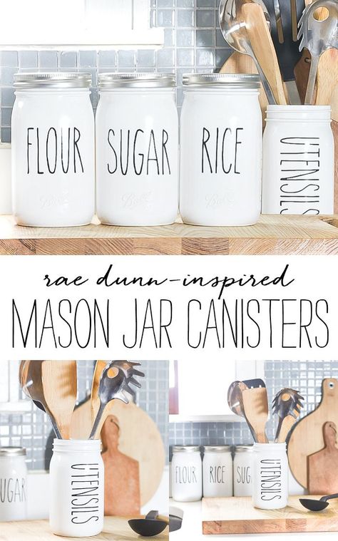 Canister Ideas, Canisters Diy, Mason Jar Canisters, Dance Around The Kitchen, Mason Jar Cozy, Mason Jar Planter, Painting Glass Jars, Mason Jar Kitchen, Kitchen Ideals