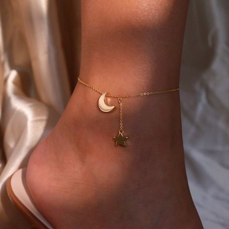 "Show your love and friendship with our Moon Star Anklet, featuring a delicate design that symbolizes \"Love You to the Moon and Back.\" This anklet is the best gift for her, representing your deep connection and affection. Give a meaningful and stylish token of your friendship and love with this beautiful moon star anklet. #YOU MAY LIKE THIS Name Circle Anklet https://www.etsy.com/listing/1576475162/name-circle-anklet-unique-ring-coin your initial name anklet https://www.etsy.com/listing/157318 Name Circle, Name Anklet, Anklets Indian, Cute Anklets, Star Anklet, Anklet Gold, Anklet Designs, Beautiful Anklet, Preppy Jewelry