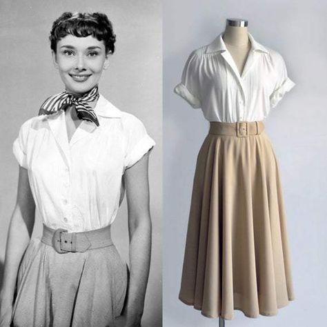 Audrey Hepburn Fashion/ Roman Holiday/ White Blouse/ Pleated Blouse/ Women Blouse/ 1950's/ Custom Made Top | Gift for woman, commission link Audrey Hepburn Fashion, Audrey Hepburn Outfit, Audrey Hepburn Roman Holiday, Top Gifts For Women, Holiday Skirt, Circular Skirt, Fashion 50s, Vintage Fashion 1950s, Vintage Suit