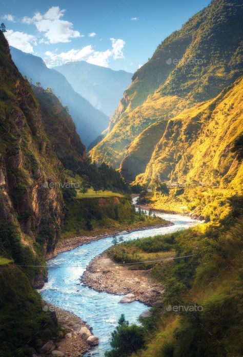 Amazing landscape with high Himalayan mountains, river Himalayas Mountain, Kathmandu Valley, Mountain Valley, Mountain River, Sky And Clouds, Tropical Paradise, Beautiful Islands, Amazing Nature, The Valley