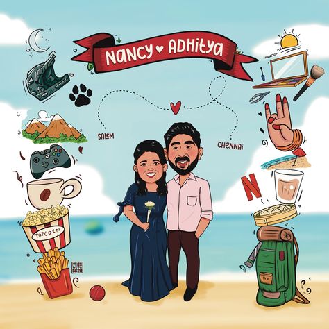 ❤️An artist wedding invite showcasing adorable doodles that represents the couple's hobbies and personality. Plus don't miss the charming cartoonized couple in the heart of it all. ✨ @nanc_jan Dm to get yours today 💌 @aguywithbrush #doodle #doodleinvite #caricature #weddinginvitations #indianwedding #couplecaricature #invitation #savethedate #weddingboard #einvites Wedding invites save the date einvites invitation Adorable Doodles, Cartoon Wedding Invitations, Cartoon Wedding, Artist Wedding, Hobbies For Couples, Wedding Invite, Wedding Invites, Wedding Card, An Artist