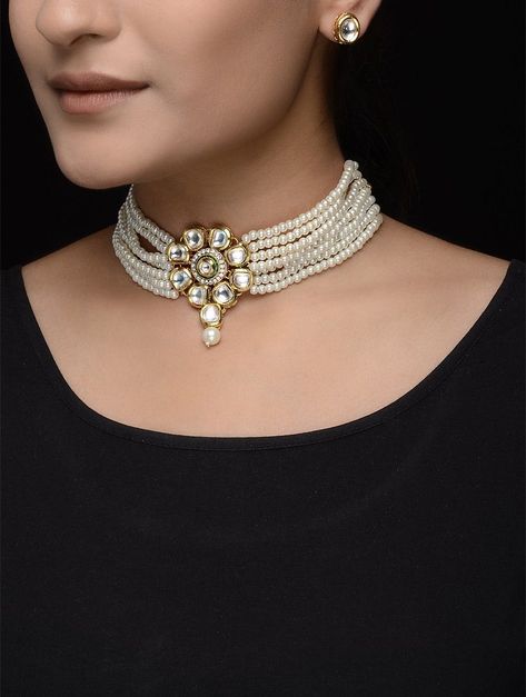 Buy White Golden Beaded Kundan Inspired Necklace with a Pair of Earrings Beads Metal Alloy Thread Pearls Fashion Jewelry Necklaces/Pendants Glittering Tales necklaces and for those traditional celebrations Online at Jaypore.com Yellow Beads Jewelry, White Choker Necklace, Pearls Fashion, Indian Choker Necklace, Real Diamond Necklace, White Choker, Earrings Beads, Dainty Diamond Necklace, Pearl Necklace Designs