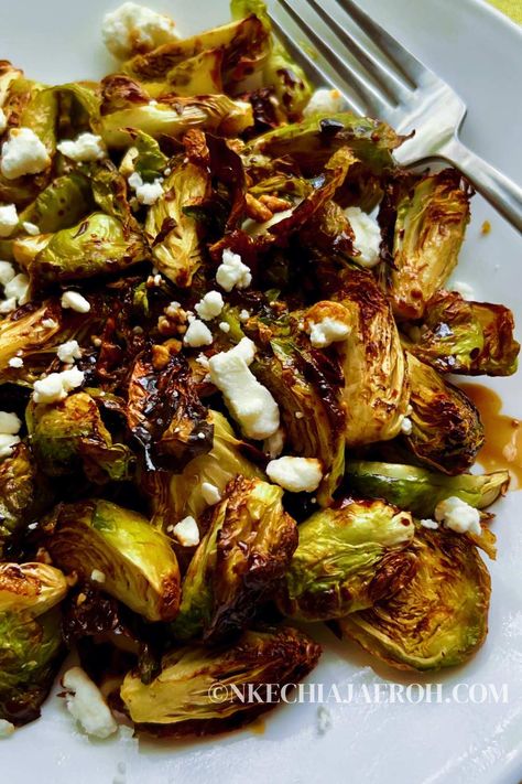 Air Fryer Brussels Sprouts with Goat Cheese and Balsamic Glaze - Nkechi Ajaeroh Honey Balsamic Bacon Goat Cheese Pistachio Bites, Goat Cheese Brussel Sprouts, Air Fryer Brussels Sprouts, Balsamic Brussel Sprouts, Fried Brussel Sprouts, Sweet Potato Gnocchi, Goat Cheese Recipes, Bacon Brussel Sprouts, Shredded Brussel Sprouts