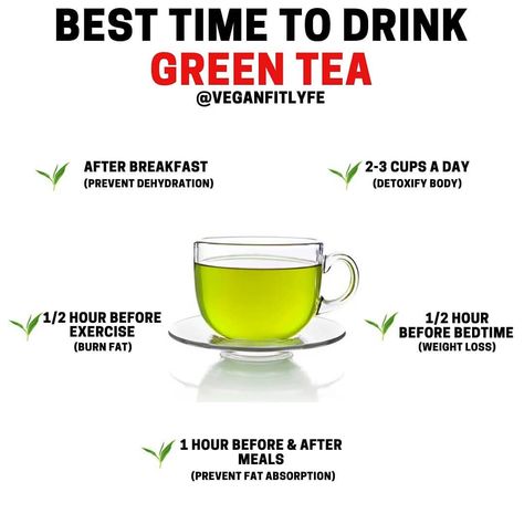 Vegan Fit Life | Nutritionist on Instagram: “Best Times to Drink Green Tea💚💪 . Tag a green tea lover🙏 . How can you be sure if you are getting all the green tea benefits by simply…” Low Calorie Vegetarian Recipes, Healthy Calories, Green Tea Diet, Zero Calorie Foods, 500 Calorie, Green Tea Recipes, Green Tea Benefits, Tea Benefits, Healthy Drinks Recipes