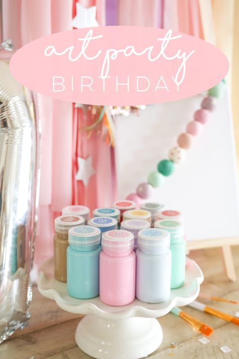 Art Party Projects, 6th Birthday Girl Art Party, Art Themed 3rd Birthday Party, Craft Station Birthday Party, Little Artist Birthday Party, Pastel Paint Party, Artist Birthday Party Ideas, Unicorn Paint Party, Girls Home Birthday Party Ideas