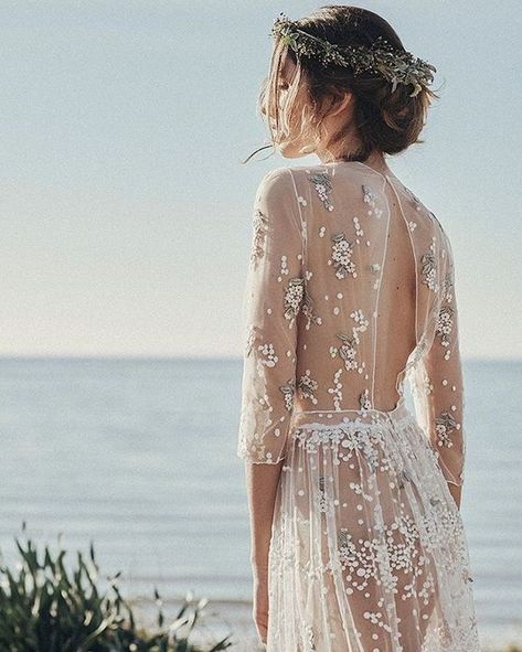 Wedding dress, translucent with silver and white bead detailing.  Long and flowy beach wedding inspiration with an open back gown. Alternative Wedding, Wedding Dress Inspiration, Bohemian Wedding, Rehearsal Dinner, Wedding Bells, Dream Dress, Wedding Gown, Future Wedding, Wedding Centerpieces