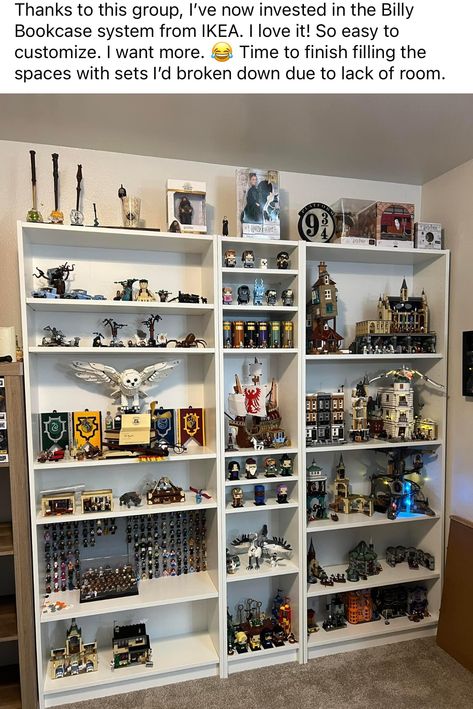 Home Lego Display, Lego Display Cabinet Ideas, Lego City Room, Lego Shelf Display Shelving Ideas, Collector Display Ideas, Adult Lego Room, Lego Display Room, Harry Potter Lego Display, Lego Shelf Ideas