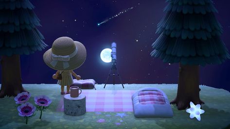 Shooting star, telescope, night picnic Acnh Tourist Telescope Area, Acnh Telescope Area, Animal Crossing Telescope Area, Animal Crossing Star Gazing Area, Acnh Stargazing Area, Star Telescope, Anch Codes, Fairycore Acnh, Acnh Tropical