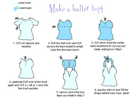 Bandana Halter Top Tutorial | shirt to halter1 Diy Cut Shirts, Recycle Old Clothes, Easy Diy Clothes, Diy Clothes Refashion, Upcycle Clothes Diy, Cute Sewing Projects, Diy Clothes Design, Diy Fashion Clothing, Shirt Refashion