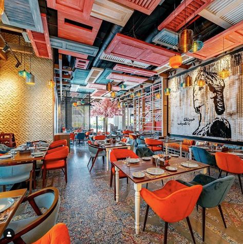 Colourful Restaurant, Start A Restaurant, Indian Cafe, Eclectic Restaurant, Colorful Restaurant, Café Design, Bar Ceilings, Decoration Restaurant, Bistro Food