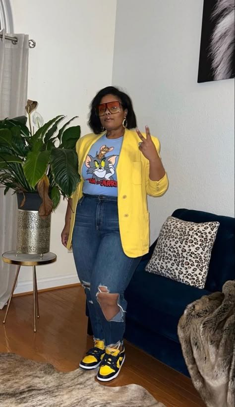 Sneakers Fashion Plus Size, Blue Jean On Blue Jean Outfits, Plus Size 90s Fashion Outfits Summer, Plus Size Summer Concert Outfit Ideas, Yellow And Black Outfits For Women, Spring Baddie Outfits Plus Size, Fall Fashion Outfits Plus Size, Blue Yellow Outfit, Fall Denim Outfits