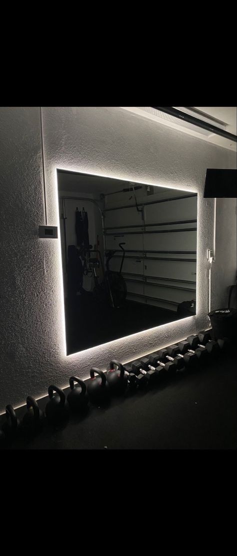 Make your own $1500+ backlit mirror for $250 Backlit Mirror Gym, Backlit Gym Mirror, Gym Mirrors Wall, Backlit Mirror Diy, Diy Backlit Mirror, Home Gym Wall Color, Gym Mirror Wall, Gym Basement, Home Gym Mirrors