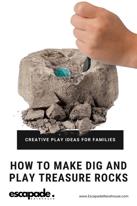 This dough recipe looks like a rock! And with the hidden treasures inside... kids are sure to have fun excavating. Makes approximately 3 cups of dough. Visit https://escapadewarehouse.com/blogs/concoctions-for-kids/make-your-own-dig-and-play-treasure-rock #EscapadeWarehouse #CreativePlayIdeas #FamilyFun #ConcoctionsForKids Diy Rock Digging Kit, Playdate Activities, Uses For Coffee Grounds, Dinosaur Theme Party, Like A Rock, Preschool Science, Backyard Games, Travel Activities, Party Activities