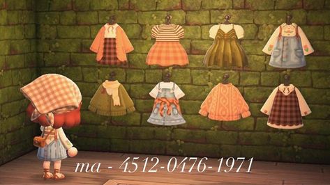 Code for clothing collection of fall outfits for animal crossing new horizons Acnh Spring, Acnh Outfits, Acnh Patterns, Clothing Codes, Acnh Cottagecore, Acnh Clothes, Autumn Animals, Custom Clothing Design, Animal Crossing Guide