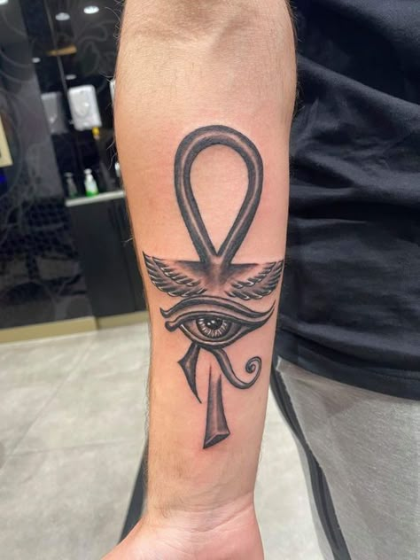 Pharaoh Eye Tattoo, Anhk Eye Of Horus Tattoo, Ankh Eye Tattoo, Ankh Tattoo Forearm, Eyes Of Ra Tattoo, Egyptian Tattoo Forearm, Anhk Tattoos Men, Ankh Tattoo Design For Men, Eye Of Ra Tattoo Men