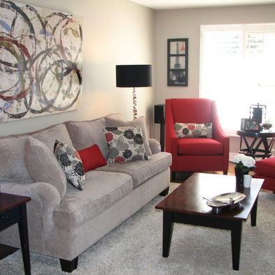 love the grey and red Grey And Red Living Room, Red Furniture Living Room, Grey Living Room Sets, Red Living Room Decor, Cheap Living Room Sets, Furnitur Ruang Keluarga, Red Living, Living Room Furniture Layout, Black Living Room