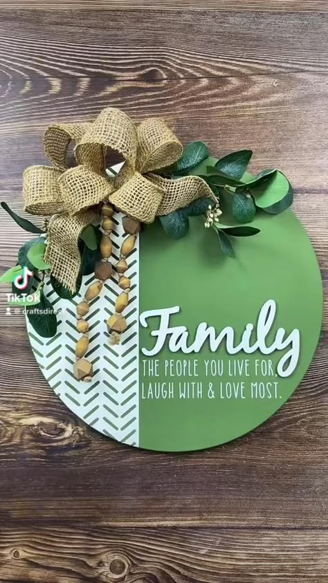 How To Hang Circle Wood Signs, Dollar Tree Wood Rounds Diy, Diy Circle Sign, Large Wood Rounds Crafts, Wooden Door Wreaths Diy, How To Make Welcome Sign Front Door, Round Wood Painting, Cricut Door Sign, Round Door Signs Diy Cricut