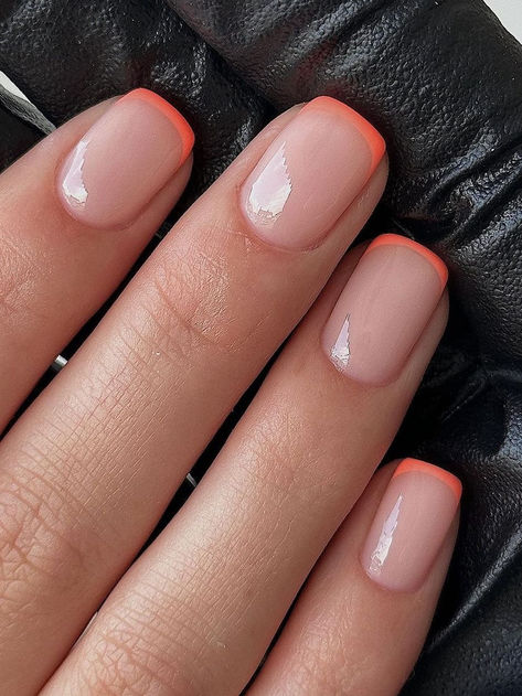 coral nail design: simple French tips Short Coral Nail Designs, Cute Short Length Nails, Coral French Tip Nails Square, French Tip Coral Nails, French Coral Nails, Nail Ideas Tips, Bright Coral French Tip Nails, Coral French Tips Nails, Coral Manicure