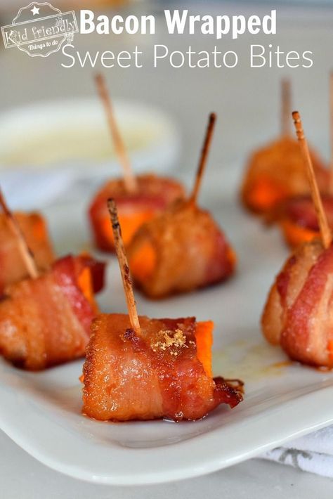 These Baked Bacon Wrapped Sweet Potato Bites Appetizers on a toothpick are simply delicious. They are the perfect easy finger food for your holiday party. www.kidfriendlythingstodo.com #bakedsweetpotatobites #bakedsweetpotatoappetizer #sweetpotatobitesfingerfood #crispysweetpotatobites Baked Sweet Potato Bites, Sweet Potato Bites, Horderves Appetizers, Sweet Potato Bacon, Dairy Free Appetizers, Celebration Food, Sweet Potatoe Bites, Gluten Free Appetizers, Bacon Appetizers