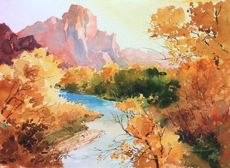 The Watchman | Looking down the Virgin River in Zion Canyon.… | Flickr Beginning Watercolor, Sunset Canvas Painting, Watercolor Scenery, Landscape Painting Tutorial, Arizona Landscape, Desert Painting, Watercolor Mountains, Watercolor Ideas, Fall Watercolor