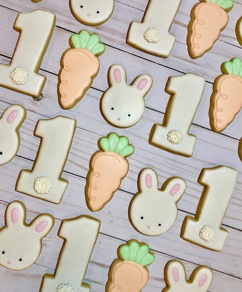 Bunny First Birthday Cookies, Number 1 Cookies Decorated, Easter Birthday Cookies, Somebunny Is One Cookies, 1st Birthday Cookies Decorated, Some Bunny Is Turning One Cookies, Some Bunny Is Turning One Cake, Bunny Birthday Cookies, Some Bunny Is Turning One Decorations