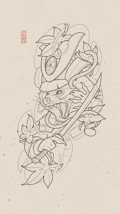 Animal Samurai Tattoo, Neo Traditional Samurai, Samurai Sketch Tattoo, New School Japanese Tattoo, Cool Japanese Tattoos, Neotrad Sleeve, Raccoon Samurai, Japanese Neo Traditional Tattoo, Neo Japanese Tattoo Designs