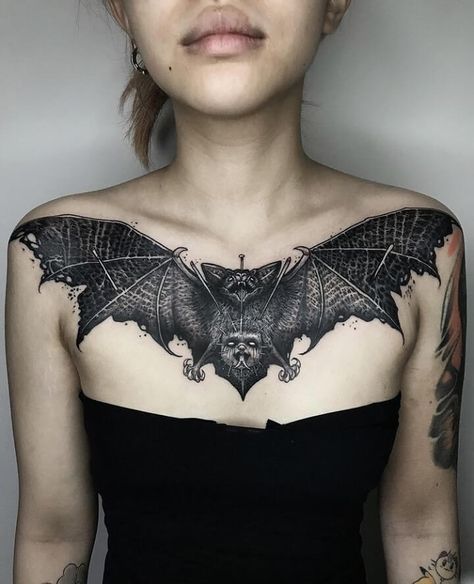 Chest Tattoo Bat, Chest Cover Up Tattoo, Tattoo Ideas Gothic, Tattoo On Collar Bone, Viking Skull Art, Bat Tattoo Ideas, Collar Bone Tattoo Quotes, Bats Tattoo Design, Clavicle Tattoo