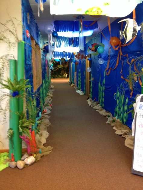 Underwater ocean hallway Deep Sea Discovery Vbs, Ocean Commotion Vbs, Sea Images, Submerged Vbs, Ocean Vbs, Ocean Commotion, Under The Sea Decorations, Ocean Theme Classroom, Underwater Theme