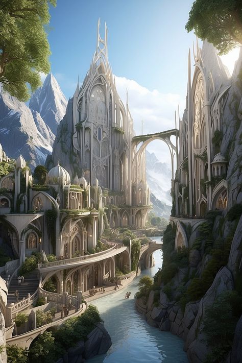 Fantasy Cities Art, Elves Artwork, Futuristic Castle, Elven Castle, Elvish Architecture, Elven Architecture, Elf City, Castles Crumbling, Elven City