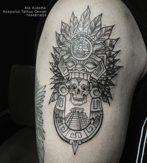 Artista: Ale Aldama Citas y Cotizaciones al 744 481 1834 📞 #Calavera #calaveratattoo #piramide #piramidetattoo #azteca #tattoo #viralpost #viral #tattoo #tatuajes #black #acapulco #mexico #tatuaje Azteca Tattoo, Tattoos, Black, Acapulco