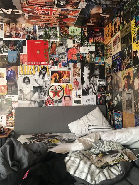 Room Full Of Posters Aesthetic, Cool Room With Posters, 90s Grunge Bedroom Punk Rock, Poster Ceiling Ideas, Punk Room Aesthetic Vintage, Bedroom With Lots Of Posters, Posters On Ceiling Bedrooms, Room With A Lot Of Posters, Punk Bedroom Aesthetic Edgy