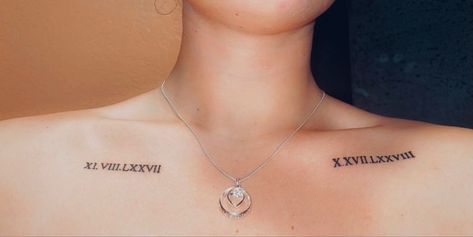 Roman Numeral Tattoo Collarbone, Colar Bone Tattoo Writing, Collarbone Roman Numeral Tattoo, Roman Numerals On Collarbone, Collarbone Date Tattoo, Collar Bone Date Tattoo, Roman Numerals Collar Bone Tattoo, Collarbone Tattoo Roman Numerals, Roman Numeral Collar Bone Tattoo