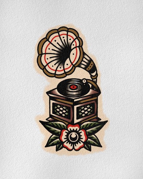 Some old time record player 🎶 What band have you been jamming lately? Let me know in the comments! 🤙🏼 #traditionaltattoo… | Instagram Record Traditional Tattoo, American Traditional Vinyl Record Tattoo, Vinyl Record Tattoo Traditional, Vinyl Traditional Tattoo, Traditional Record Tattoo, Gramophone Tattoo Traditional, Montreal Tattoo Ideas, Idles Band Tattoo, Music Traditional Tattoo