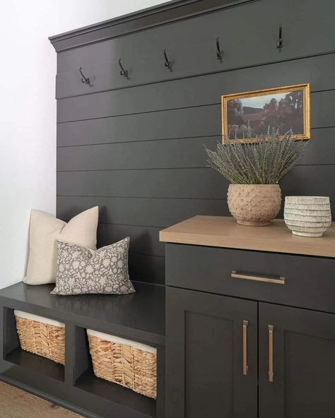 Black Herringbone Tile Floor, Mudroom Wall Ideas, Shiplap Half Wall, White Bench Entryway, Blue Herringbone Tile, Black Herringbone Tile, Stained Wood Trim, Wood Bench Seat, Black Shiplap