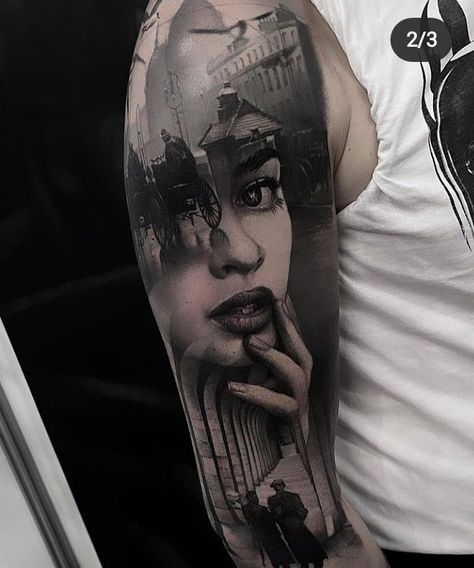 Upper Arm Portrait Tattoo, Dark Tats, Realistic Tattoo Ideas, Trap Tattoos For Women, Tattoo Mafia, Colour Tattoos, Remembrance Tattoos, Getting A Tattoo, Back Tattoos For Guys