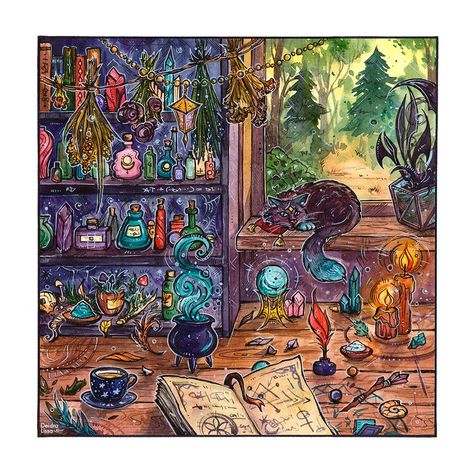 House of a forest witch (art by Deidra Lissa) Witch House Drawing, Forest Witch Art, Witch House Interior, Spooky Inspiration, Library Magic, Forest Witch Aesthetic, Witch Cabin, Witches House, Forest Drawing