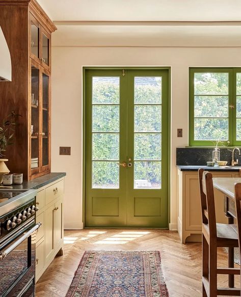 Neutral Kitchen Pops Of Color, Colorful Galley Kitchen, Range Hood Wood, Kate Arends, Painted Cabinet, Door Trim, Wood Cabinet, Window Trim, Pretty House