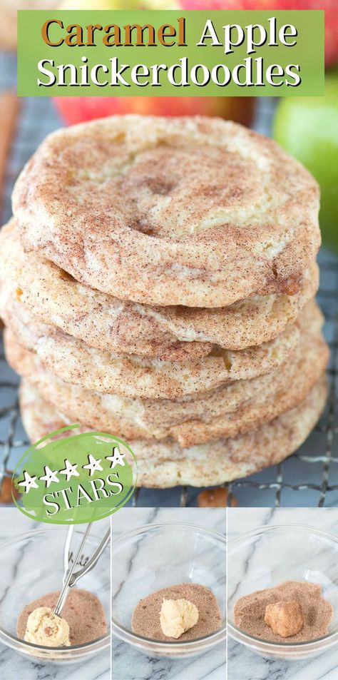 5 cookies stacked on top of each other with text overlay Caramel Apple Suckers, Green Apple Recipes, Apple Cookies Recipes, Caramel Apple Cookies, Fall Cookie Recipes, Snickerdoodle Recipe, Apple Cookies, Snickerdoodle Cookies, Snickerdoodle Cookie Recipes