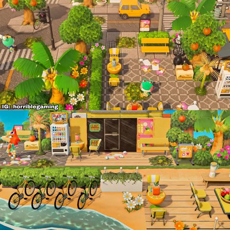 ❤Nora From Horrible Gaming🎮❤ on Instagram: “Finally ready to return to my old urban tropical. I have 5 themes I want to do but mentally I want to do something happy and colorful…” Acnh Tropical Citycore, Acnh Tropical City, Acnh Tropical Island Ideas, Horrible Gaming, Acnh Tropical, Acnh Builds, Tropical Tile, Summer Island, Animal Crossing Funny