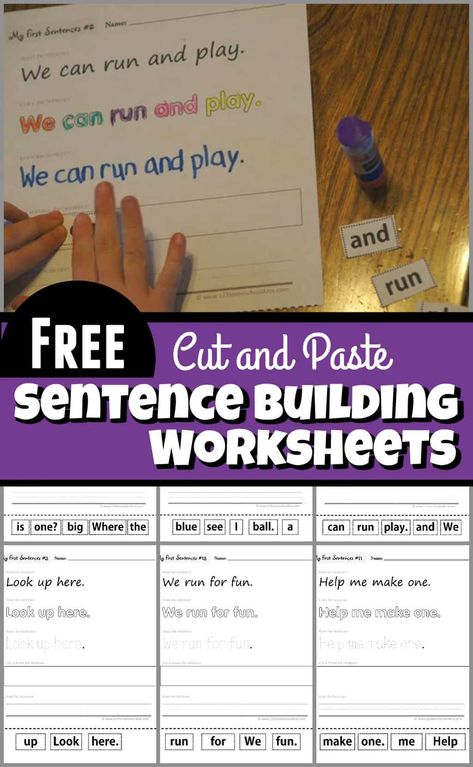 Cut and Paste Sentence Building Worksheets - Kids will have fun practicing building sentences, reading, tracing, writing, and cut and paste simple sentences with Pre Primer Sight Words. These free printable worksheets are perfect for Preschool and Kindergarten students Sentence Sticks, Sentence Building Games, Comprehension Kindergarten, Sentence Building Worksheets, Building Sentences, Incomplete Sentences, Making Sentences, Sentence Scramble, Pre Primer Sight Words