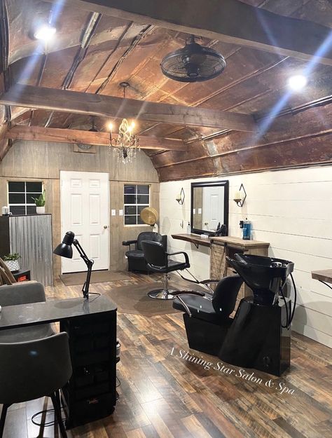 Industrial Hair Salon Ideas, Rustic Salon Suite Ideas, Salon Suite Shampoo Area Ideas, Tiny Hair Salon Ideas Small Spaces, Small Shed Salon Ideas, Shed Salon Ideas Backyard Studio, Salon Shed Ideas, Garage Hair Salon Ideas, Hair Salon Shed