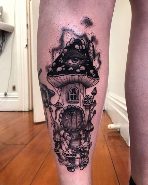 @stephanietattooer on Instagram: “Mushroom house for Kaz 🍄 made @twohandstattoo @blackhopecurse” Patchwork Tattoo, Saved Tattoo, Fairy Tattoo Designs, Mushroom Tattoos, Fantasy Tattoos, Tattoos For Lovers, Gothic Tattoo, Leg Sleeve Tattoo, Fairy Tattoo