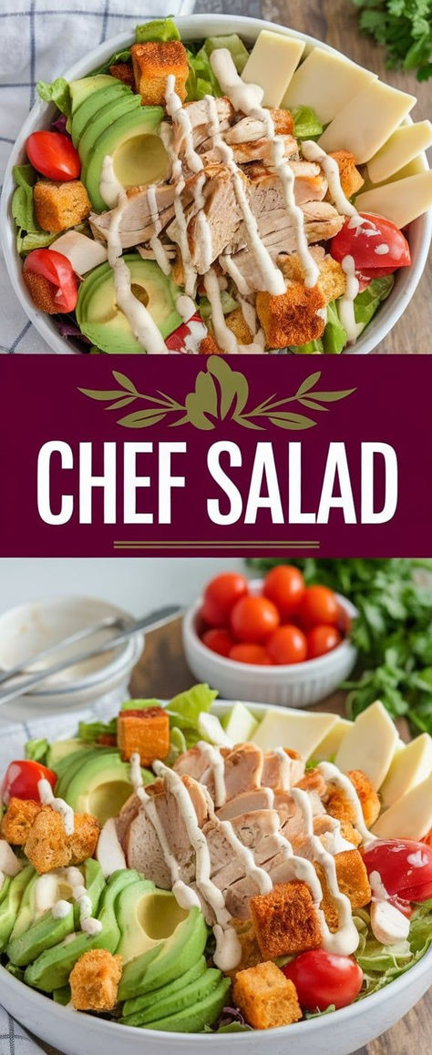 This classic Chef Salad is full of fresh flavors! Crisp greens, juicy tomatoes, savory meats, and hard-boiled eggs topped with your favorite dressing—perfect for a filling and healthy meal. Chef Salad Recipes Classic, Crispy Vegetables, Chef Salad Recipes, Chef Salad, Deli Meats, Juicy Tomatoes, Hard Boiled, Hard Boiled Eggs, Boiled Eggs