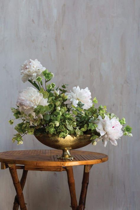 Gold low-bowl Compote featuring a floral arrangement with white peonies and Hellebores sitting off-center on a table against a grey wash back drop Wholesale Decor, Artificial Flowers And Plants, Florist Supplies, Table Vases, Touch Of Gold, Vases And Vessels, Small Decor, Beautiful Vase, Fake Flowers