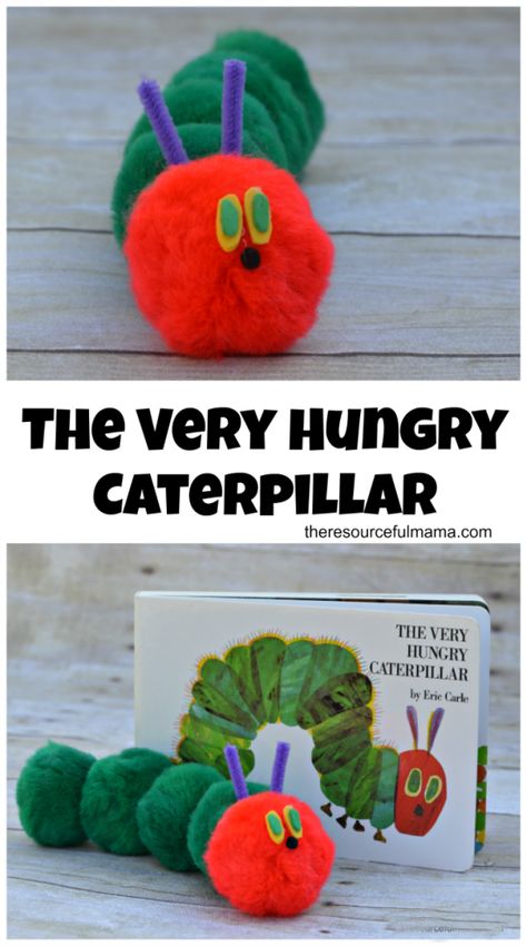 Pom-pom kid craft inspired by The Very Hungry Caterpillar by Eric Carle. Pom Pom Caterpillar, Very Hungry Caterpillar Craft, Caterpillar Activities, The Very Hungry Caterpillar Activities, Hungry Caterpillar Craft, Hungry Caterpillar Activities, Alice In Wonderland Diy, Toddler Activity Board, Caterpillar Craft