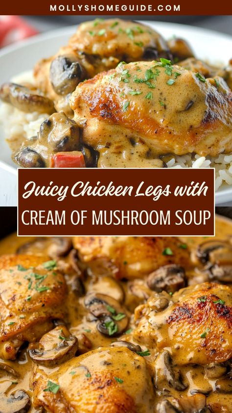 Discover a delicious and easy recipe for chicken legs with cream of mushroom soup. This hearty dish is perfect for a cozy dinner at home or a gathering with loved ones. The tender and juicy chicken pairs perfectly with the rich and creamy mushroom sauce, creating a comforting meal that everyone will love. Try this recipe today and indulge in a classic combination of flavors that will satisfy your cravings! Meals With Cream Of Mushroom Soup, Chicken Mushroom Stew, Chicken Leg Meals Dinners, Mushroom Soup Chicken Recipes, Chicken Cream Of Mushroom Recipes, Campbells Cream Of Mushroom Soup Recipes, Chicken Mushroom Soup Recipes, Recipes With Cream Of Mushroom Soup, Recipes With Cream Of Mushroom